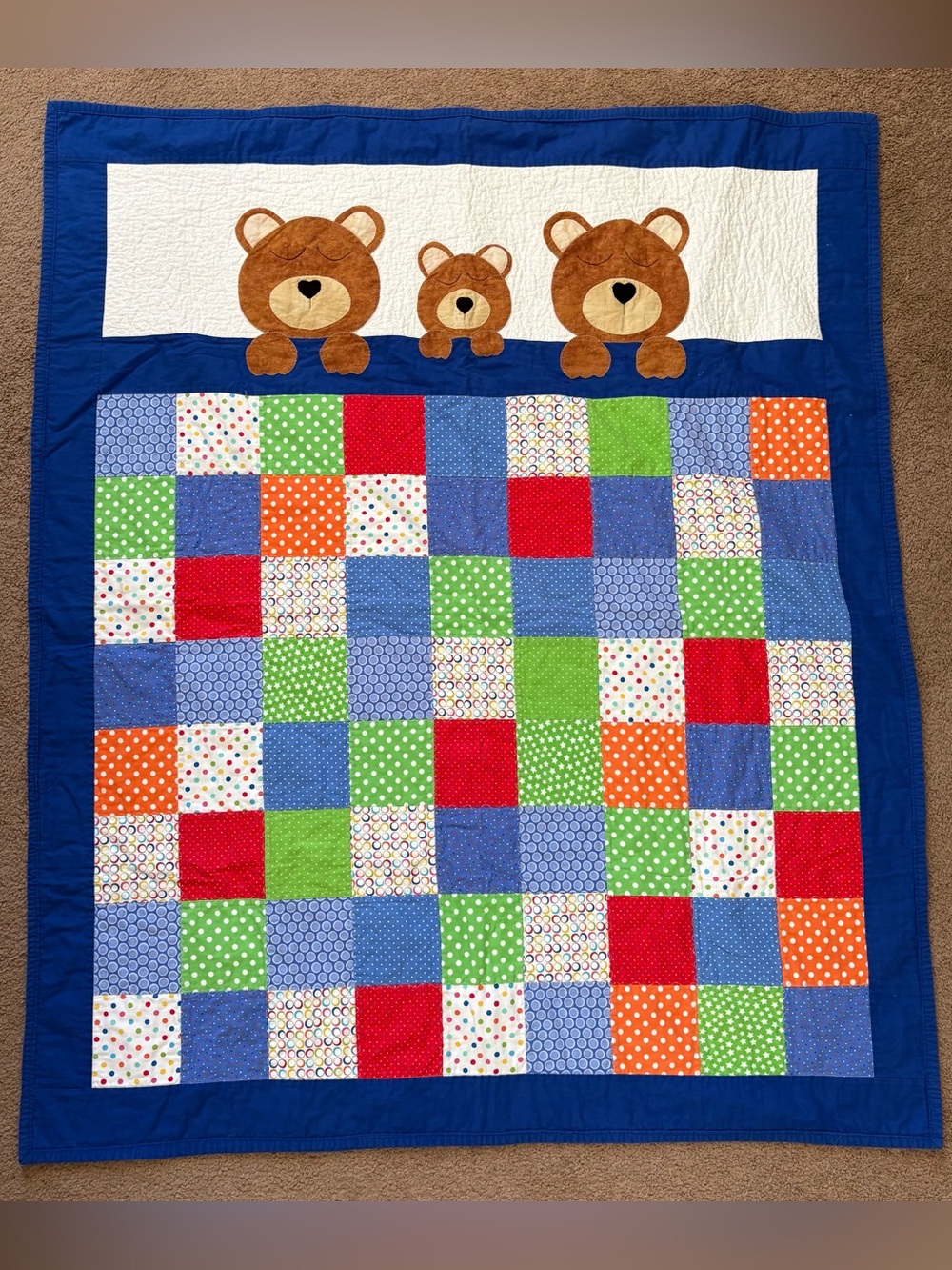 Handmade Quilted Baby Crib Quilt 3 Bears Teddy Bear Patchwork Blue 49x40”